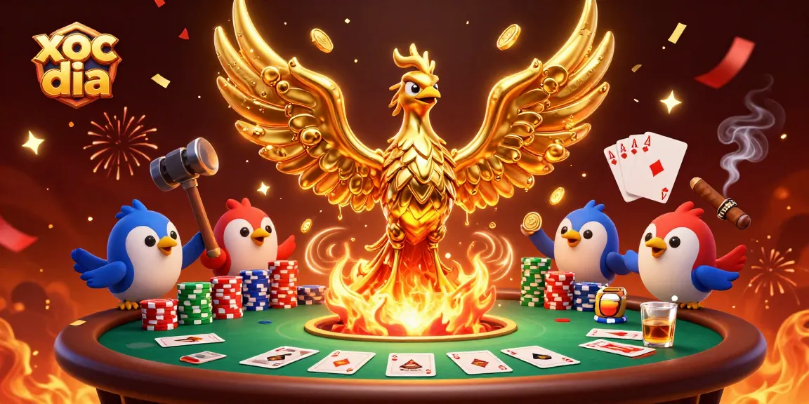 Engage in exhilarating xoc dia gameplay with golden phoenix and poker elements.