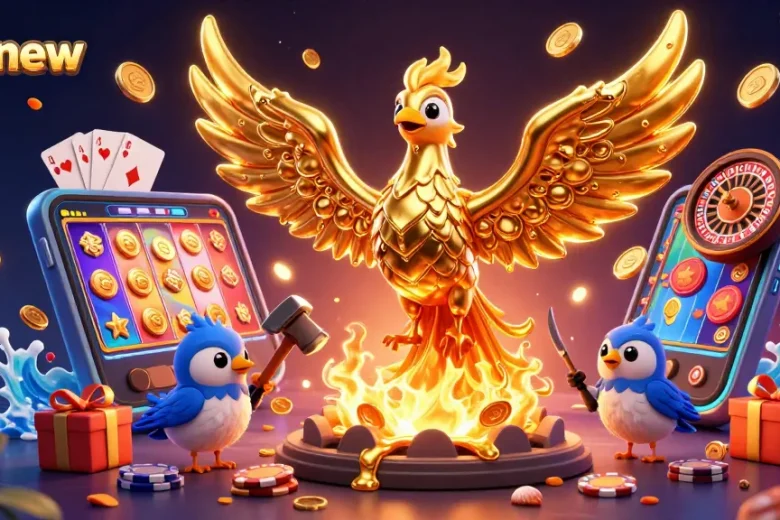 Experience winning moments at 888new with a vibrant illustration of a golden phoenix, coins, and dynamic gaming elements.