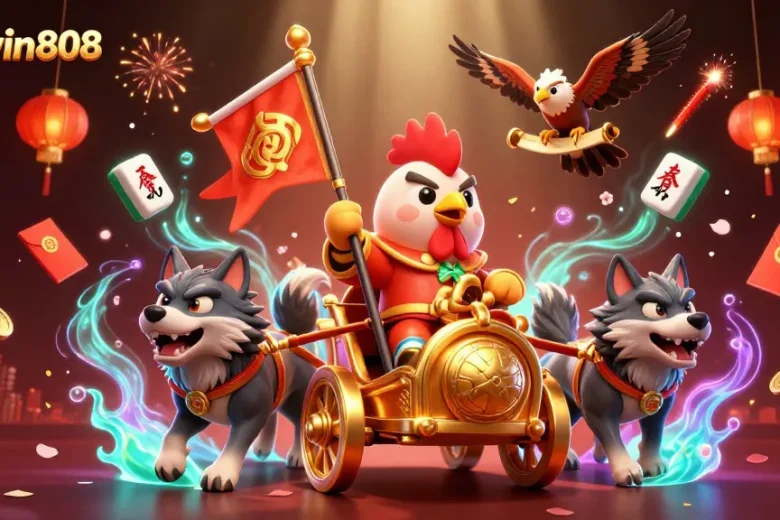 Win big at sunwin808 with a 3D cartoon rooster warlord and a vibrant casino scene.