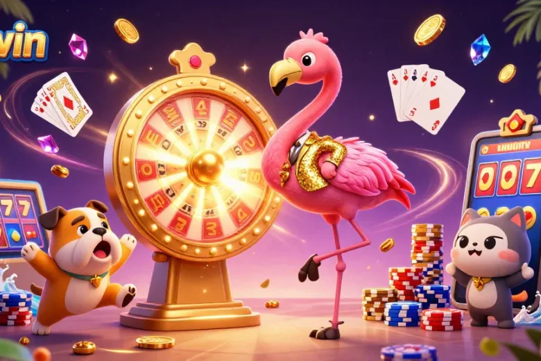 Spin the giant prize wheel with 98win's exciting characters in a vibrant casino scene.