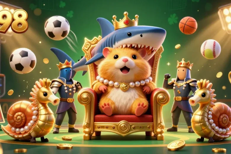M98 casino illustration of a golden hamster king enthroned with sports elements, showcasing thrilling gaming action.