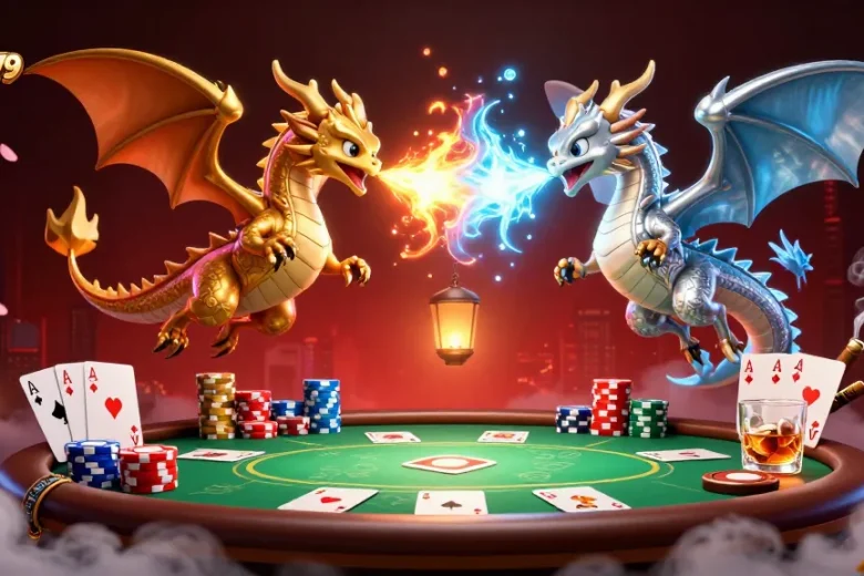Experience hitclub-79 with dynamic dragons and intense poker action in a vibrant casino scene.