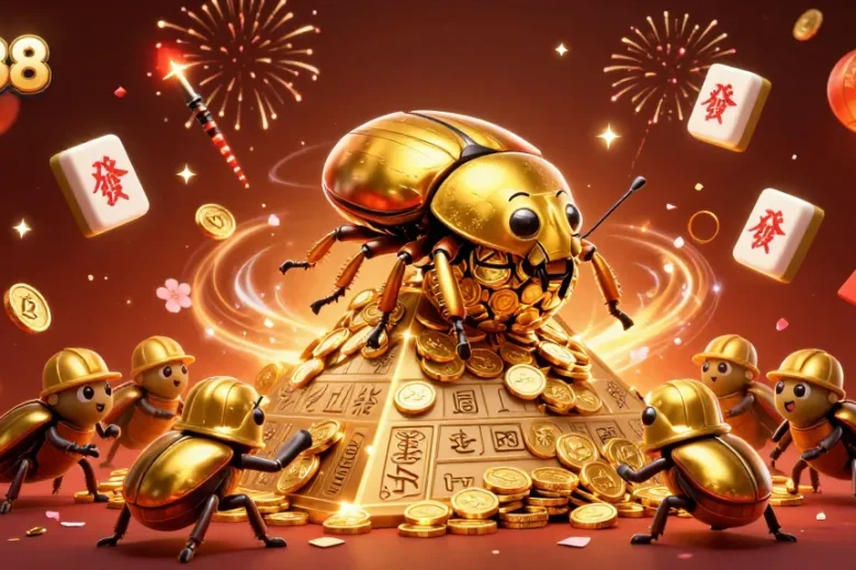 Experience thrilling action at fly88 with golden beetles and casino symbols in a celebratory scene.