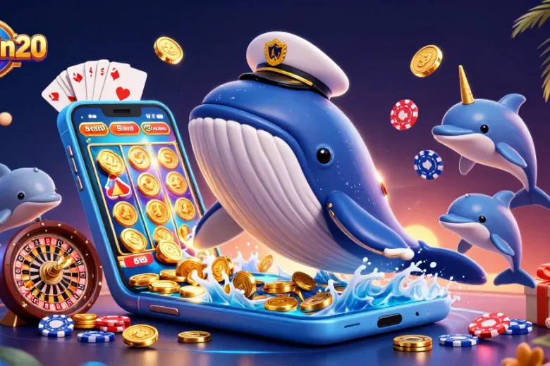 Experience the excitement of slots with sunwin20 featuring a joyous whale and friends in a vibrant casino scene.