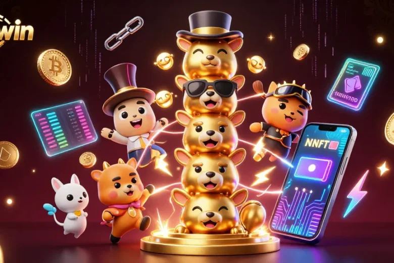 Engage with exhilarating games at Sunwin, featuring a vibrant dynamic casino scene with animated totems and crypto elements.
