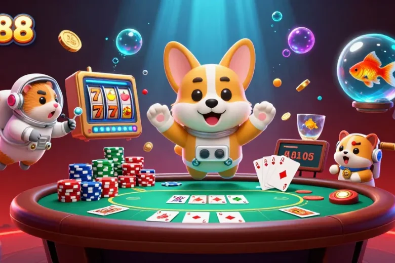 Explore thrilling slot game action at qq88 with a vibrant casino scene featuring a corgi and treasures.